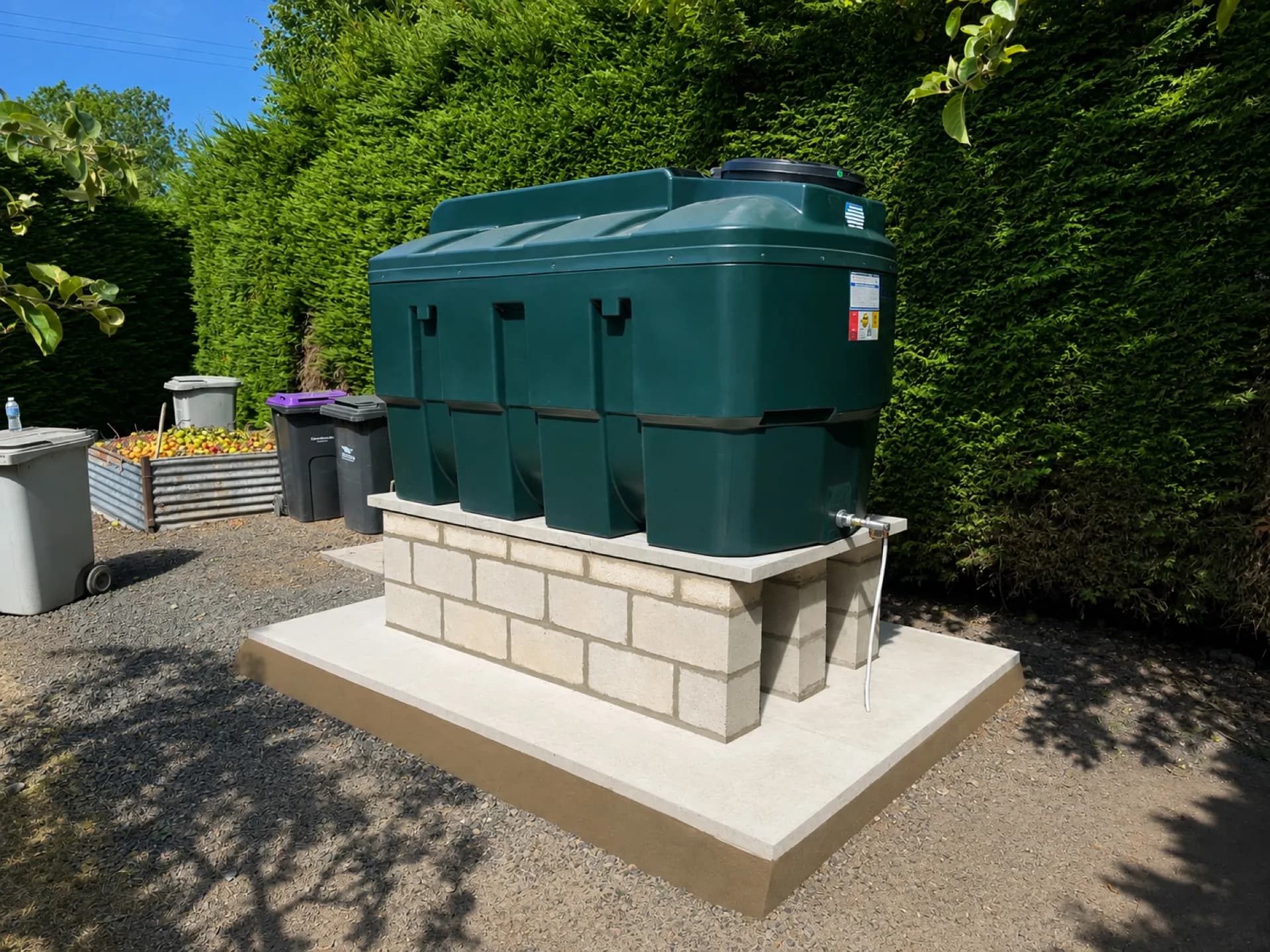 A green bunded oil tank installed on a purpose-built raised block and paving-slab base